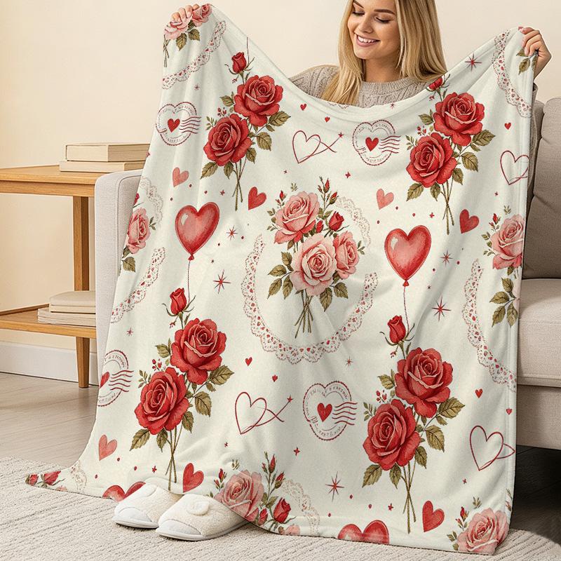 Lightweight Flannel Throw Blanket Rose Heart Collection, Soft Cozy Warm for Home, Nap, Car, Perfect Valentine's Day Gift & Decor