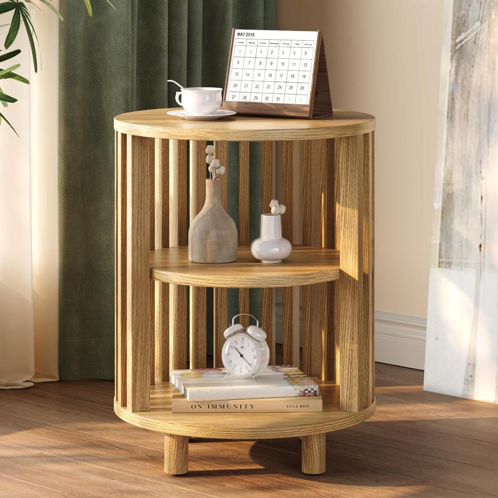 Round End Table, Wood Bedside Table, Mid Century Modern Nightstand with Open Storage Shelf, 3 Tier Small Side Tables for Living Room, Bedroom, Curved