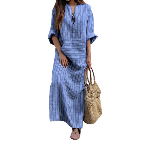 Damen Sommer Boho Gestreiftes Baumwoll-Leinenkleid Lässig Kurzarm Strand Maxikleid mit Vordertasche