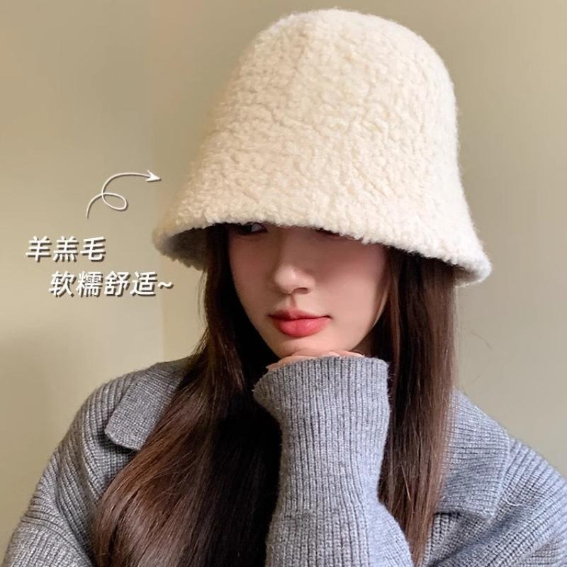 Lamb wool bucket hat autumn and winter versatile hat women's bucket hat plush basin hat