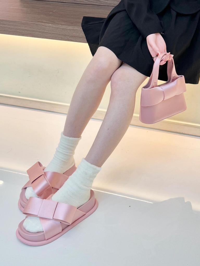 Sheepskin version~ Summer new bow-tie leather thick-bottomed one-word slippers for women's outer wear heightening half-drag high-heeled sandals