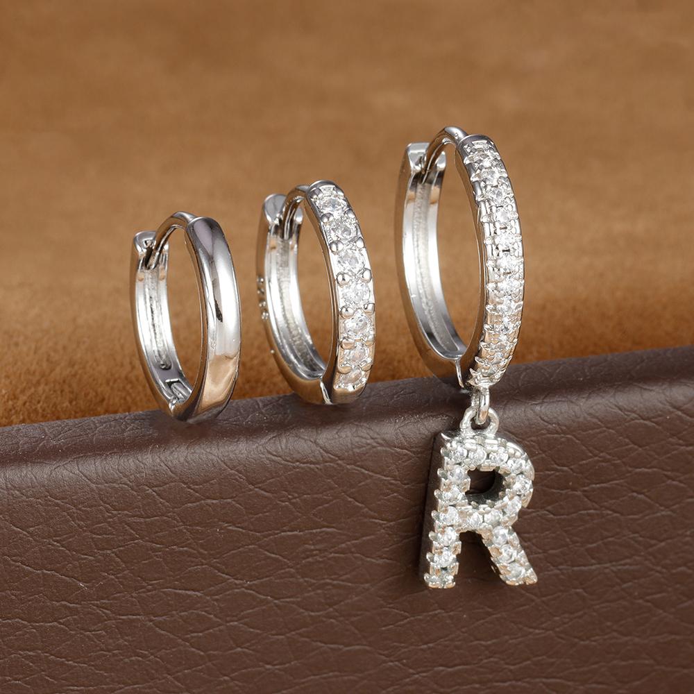 3pcs Silver Color Stainless Steel 26 Letters Hoop Earrings Set For Women A-Z Crystal Zircon Geometric Earrings Wedding Jewelry