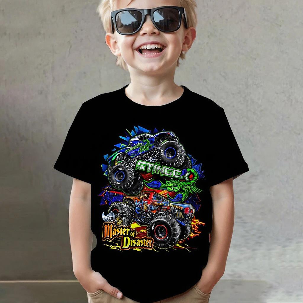 Summer Round Neck Vehicle Themed 3D Printed Top Fashionable Casual Short Sleeved Children's Boy T-shirts