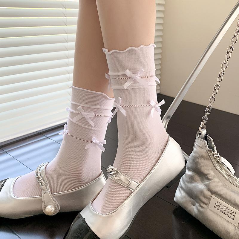 Ballet-style Dui Dui Socks for Women Spring and Summer, Thin Bow-shaped Black Ear-trimmed Mid-calf Socks