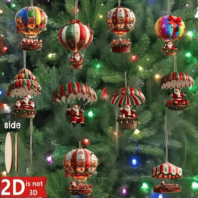 12Pcs Christmas Wooden Hot Air Balloon Santa Claus 2D Flat Wooden Pendant Christmas Tree Decoration Perfect Holiday Gift Decor