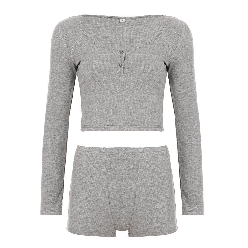 

Women s European and American Style Long Sleeve Versatile Solid Color Casual Shorts Set Small