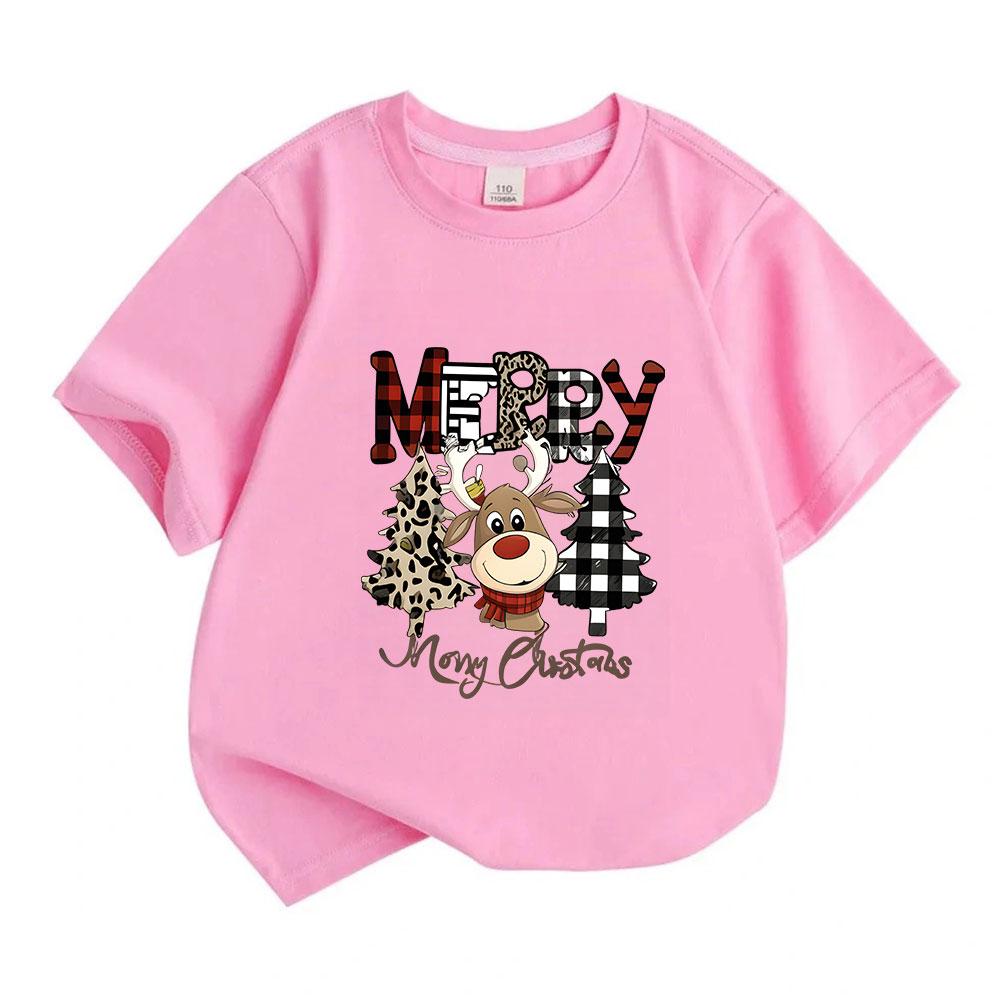 Kids Boys Girls 100% Cotton Short Sleeve Crew Neck T-Shirt, Merry Christmas Cute Reindeer Xmas Tree Print Casual Summer Tops for Holiday Daily Wear