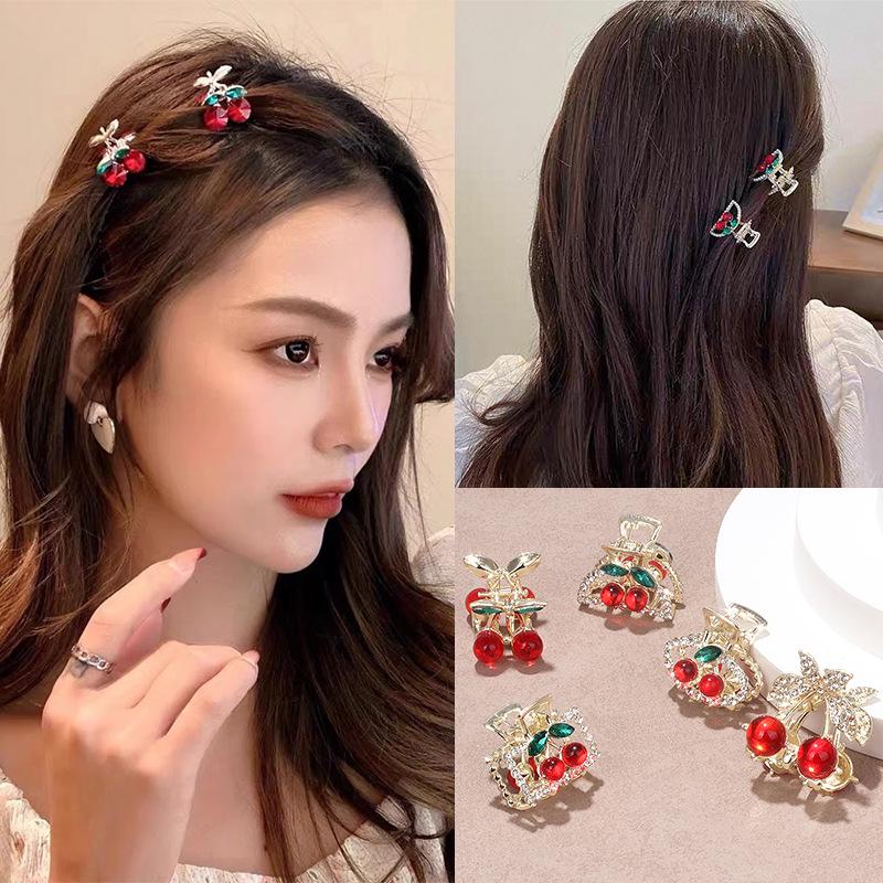 Exquisite Rhinestone Cherry Small Claw Clip for Women's Bangs and Forehead Hair.
