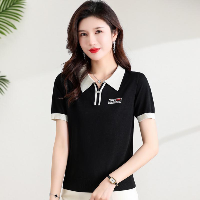 Fashionable Polo Collar Middle-aged Elderly Women's Loose Knitwear Thin Casual Short-sleeved T-shirt