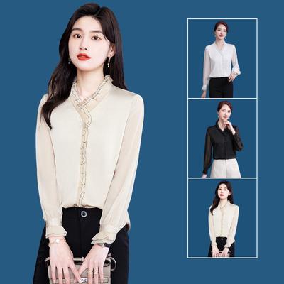 V-Neck Ruffle Chiffon Blouse - Women's Long Sleeve Spring 2022 Fashion Chic Top