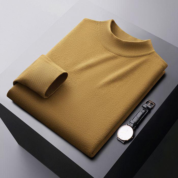 Men's Plus Velvet Half-High Collar Knit Sweater - Anti-Pilling Dobby Fleece, Solid Color for Autumn/Winter