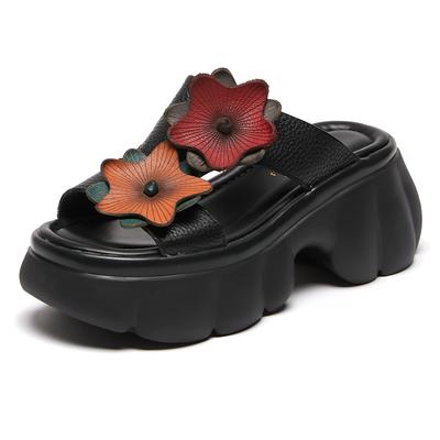 GKTINOO Sandały z prawdziwej skóry Kwiatowe Damskie Kapcie Letnie Buty Platforma Klapki na zewnątrz Grube podeszwy Rekreacyjne Damskie Kapcie