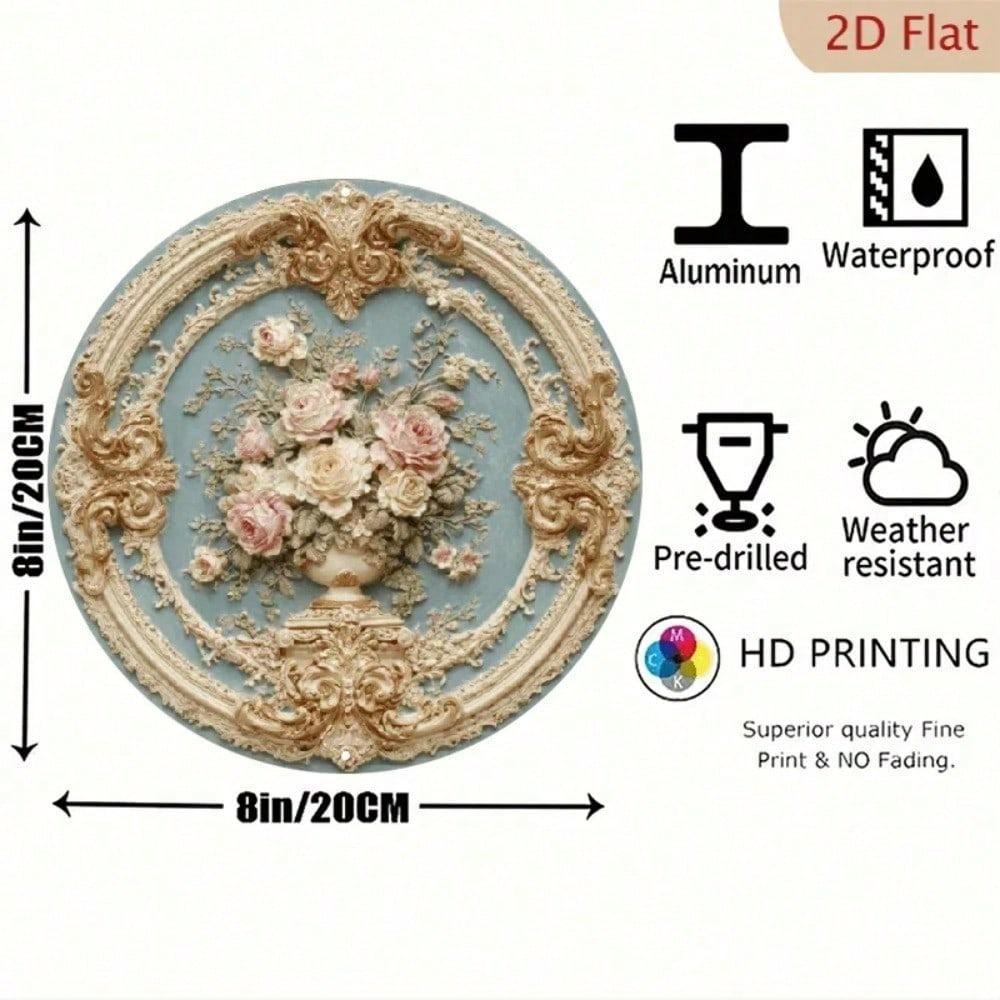 Antiker barocker goldener verzierter Rahmen Metall Wandkunst, zartrosa Rosen & grünes Laub Blumenschild, Elegante Wohnkultur
