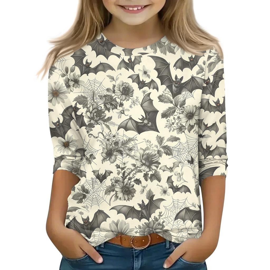 Kinder 3/4-Ärmel Tops Lässiges Halloween-Print T-Shirt Rundhals Pullover Bluse