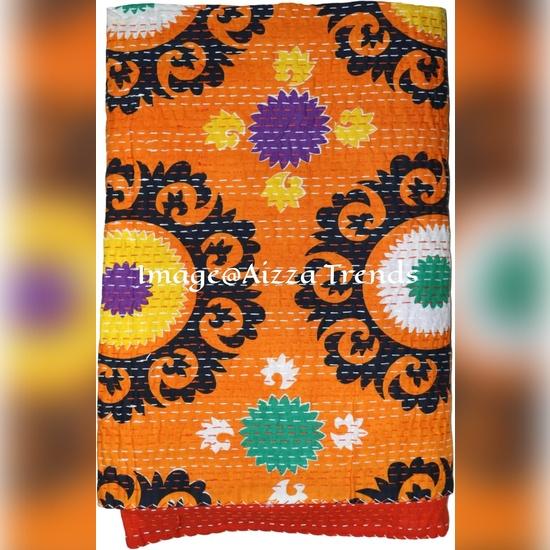 Aizza Trends Handmade Pure Cotton  Printed Kantha Quilt  - Traditional Look Bed Spread Kantha Gudri - Vintage Hand Stitch Gudri