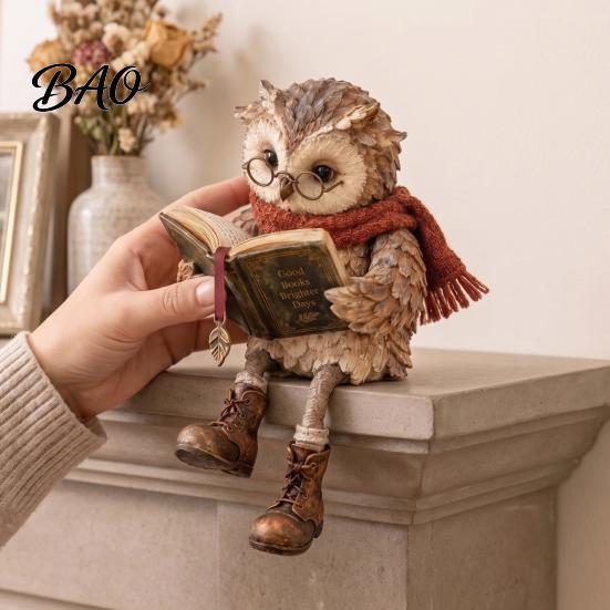 Reading Owl Statue for Home Decor Figurine, Creative with Glasses Scarf Boots And Open Book, Decorative Animal Figure Mantel Sculpture Book Nook Shelf