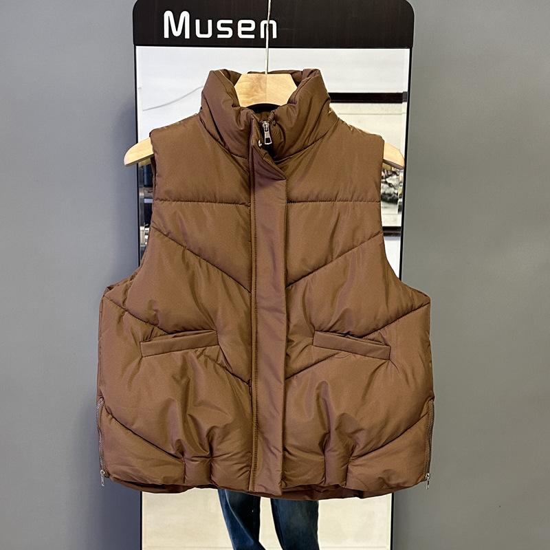 

Женский пухово-хлопковый жилет для осени и зимы, верхний слой для многослойности, со стойкой, без рукавов, универсальный стиль 2XL темно-коричневого