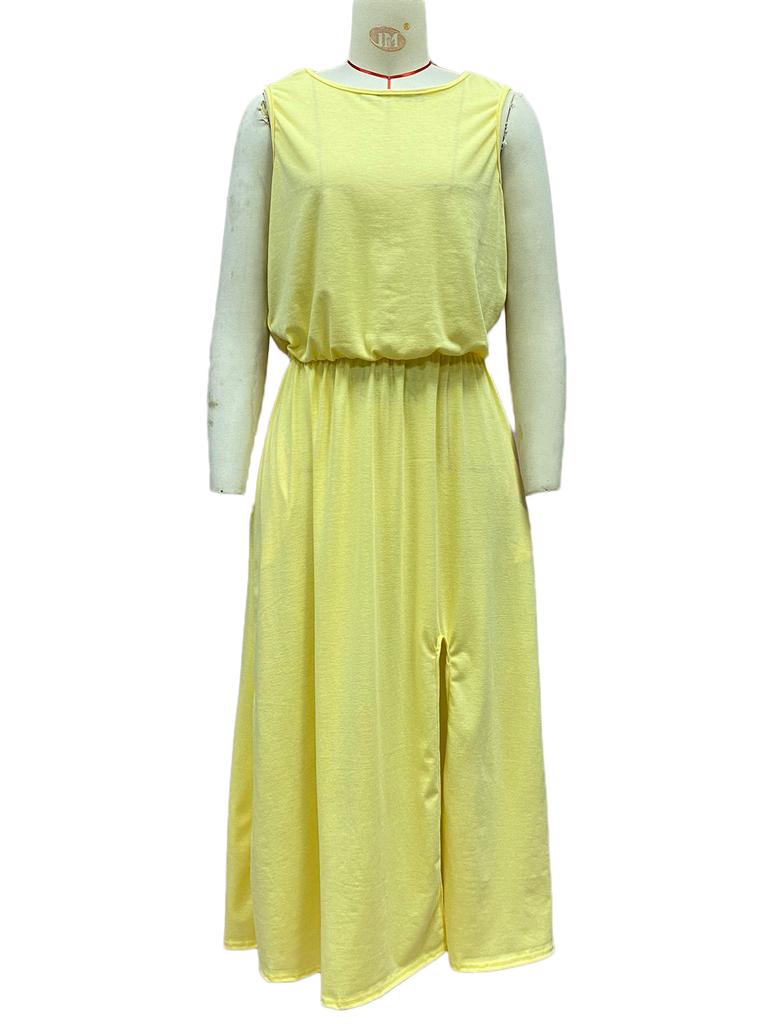 Rundhals Ärmelloses Kleid Schlitz Mehrfarbig Uni Lange Kleider Elegant Und Schön Damenkleider