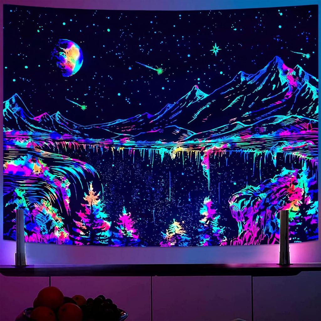 VIKAMA Black And White Starry Night Mountain Tapestry Bedroom Aesthetic Moon Tapestry Dark Natural Forest Wall Hanging