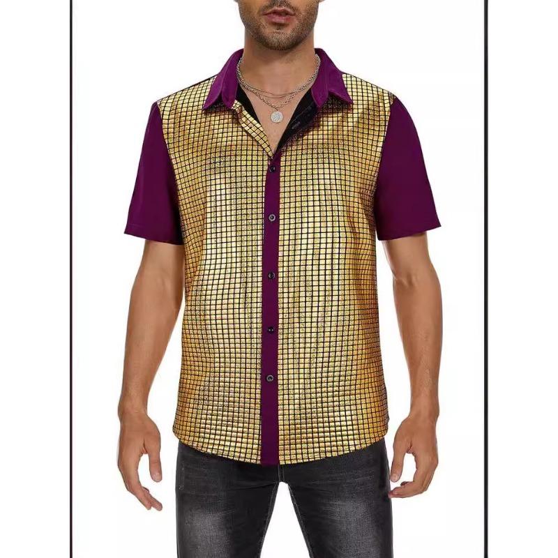Mens Rainbow Sequins Plaid Short Sleeve Button Down Party Shirt