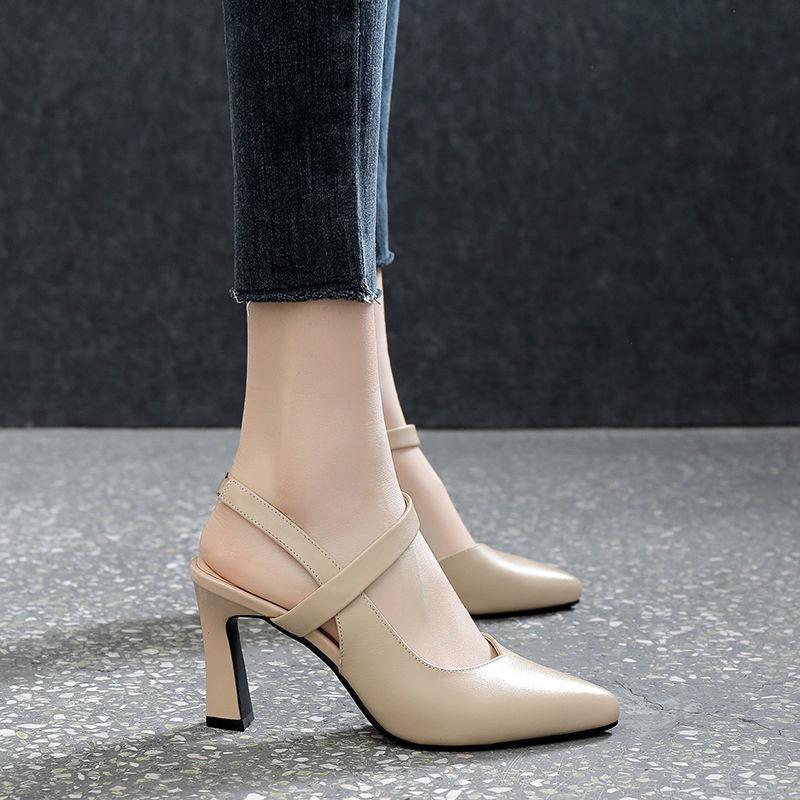 Pointed Sandals Women's Small Size Bag Head Soft Leather Summer 2025 New Middle Heel Empty Soft Leather Fine Heel Spring and Summer Women's Shoes