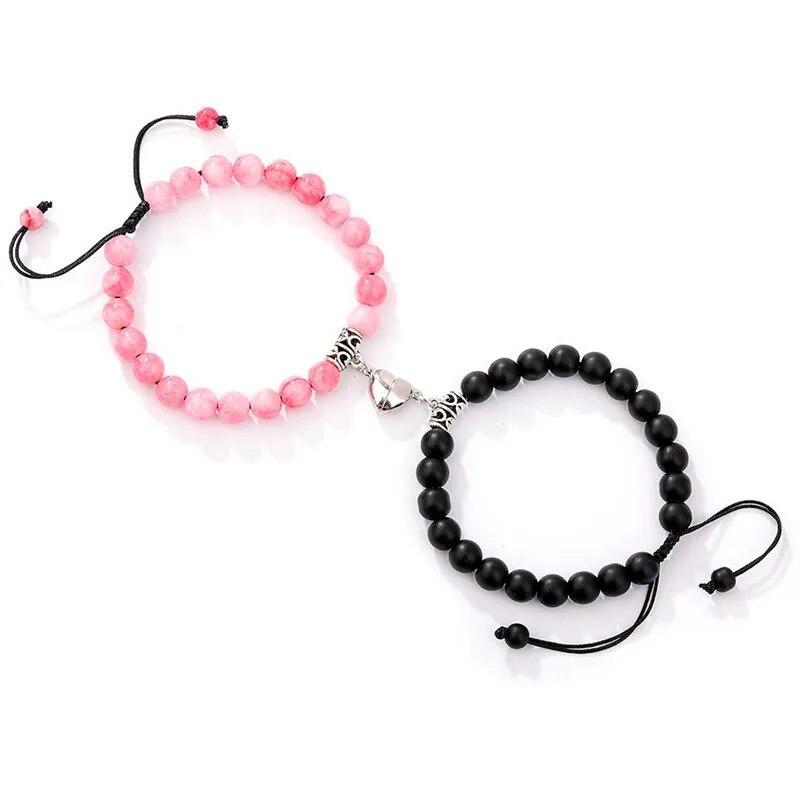 Trendy Couple 2Pcs/Set Natural Stone Beads Love Heart Magnetic Bracelet For Women Men Charm Peach Beaded Bracelets Jewelry Gifts