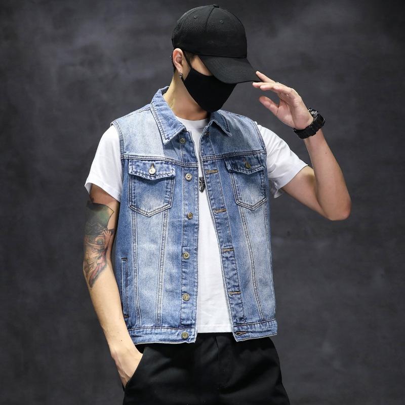 Denim Vest Men's Spring Summer and Autumn Large Size Vest Casual Hong Kong Trend Ins Vest Youth Sleeveless Waistcoat