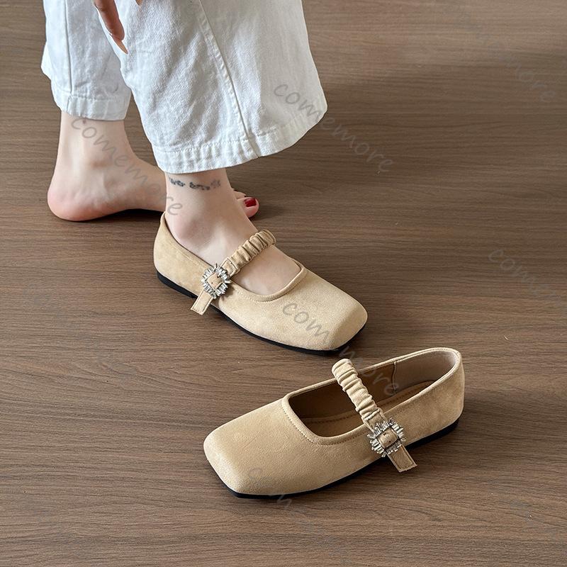Fashion Comemore Spring Autumn Flat Single Shoes Suede Solid Square Head Mary Jane Shoe Rhinestone Buckle Temperament Flats Mocasines