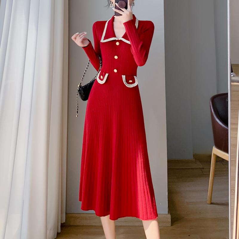 Французское элегантное осеннее новое трикотажное платье для женщин, винтажное, облегающее, с длинными рукавами, вечерние, корейская модная дизайнерская повседневная одежда S красный