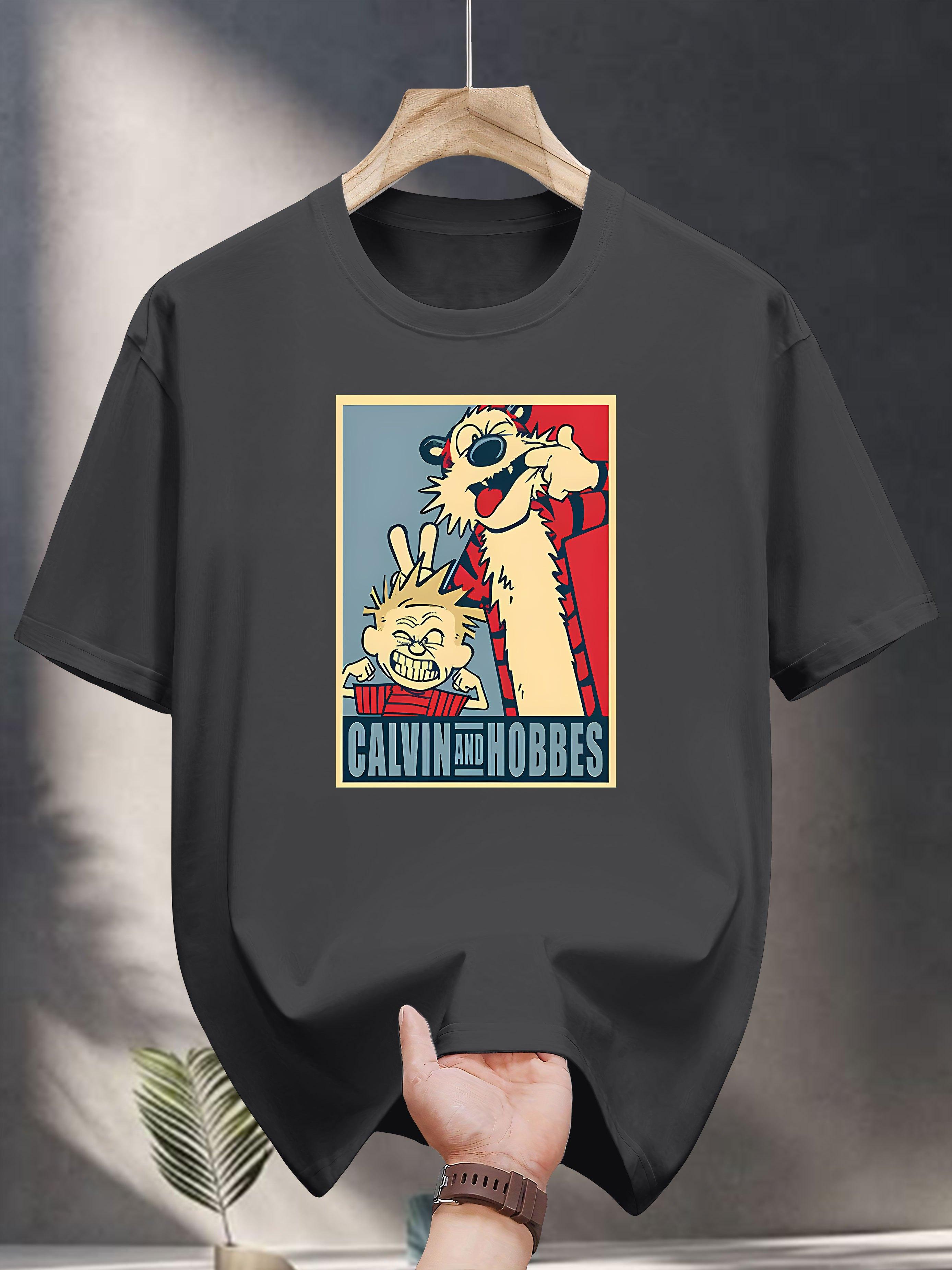 200gsm 100% Cotton Short Sleeve T-shirt with Calvin & Hobbes Comic Print - Black Casual Summer Tee XL