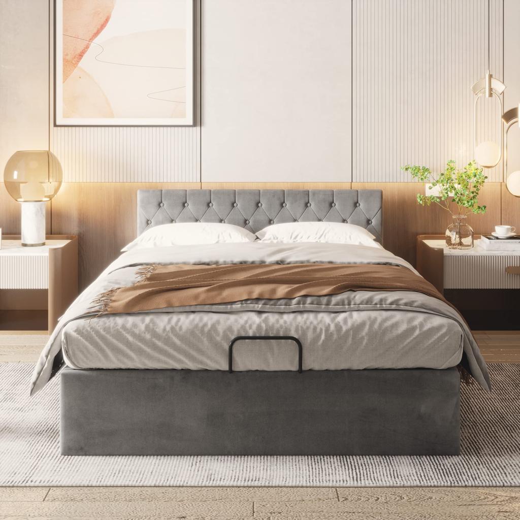 Polsterbett mit Bettkasten, 140 x 200 cm Samt-Stoff Doppelbett mit Lattenrost und Stauraum, Einfacher Stil, Grau