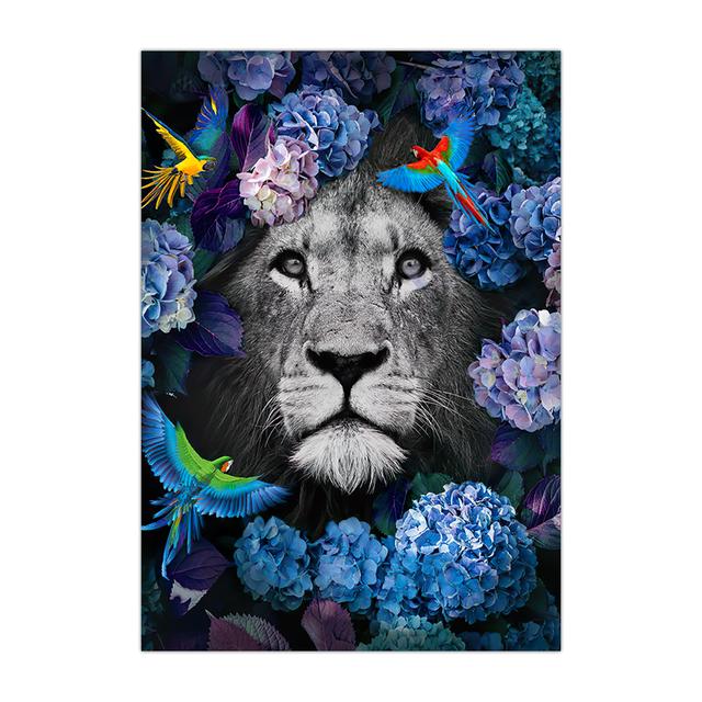 Flower with Animal Lion Tiger Deer Leopard Canvas Painting Wall Art Picture Nordic Print Poster for Living Room Home Decor No Frame