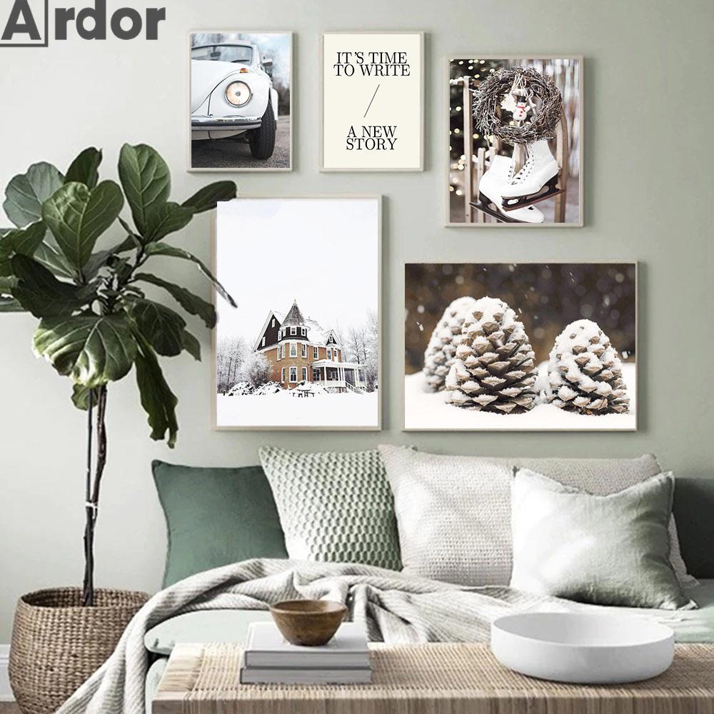 Zima Snow Tree Pine Nástěnný Umělecký plakát Obrazy sobů Obraz na plátně Dům Auto Plakáty Nordic Wall Pictures Dekor do obývacího pokoje