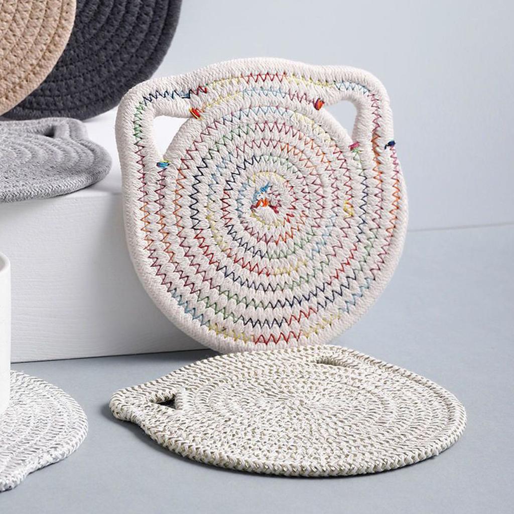 6Pcs Heat Resistant Table Mats with Cute Cats Ear Design for Pot and Bowls Washable Fabric Braided Cotton Cup Coasters