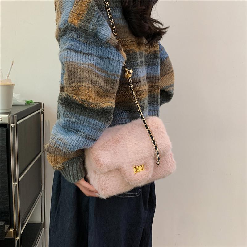 New Autumn and Winter Fluffy Square Bag Women's Foreign Style Plush Lock Shoulder Bag Versatile Fluffy Bag Chain Messenger Bag