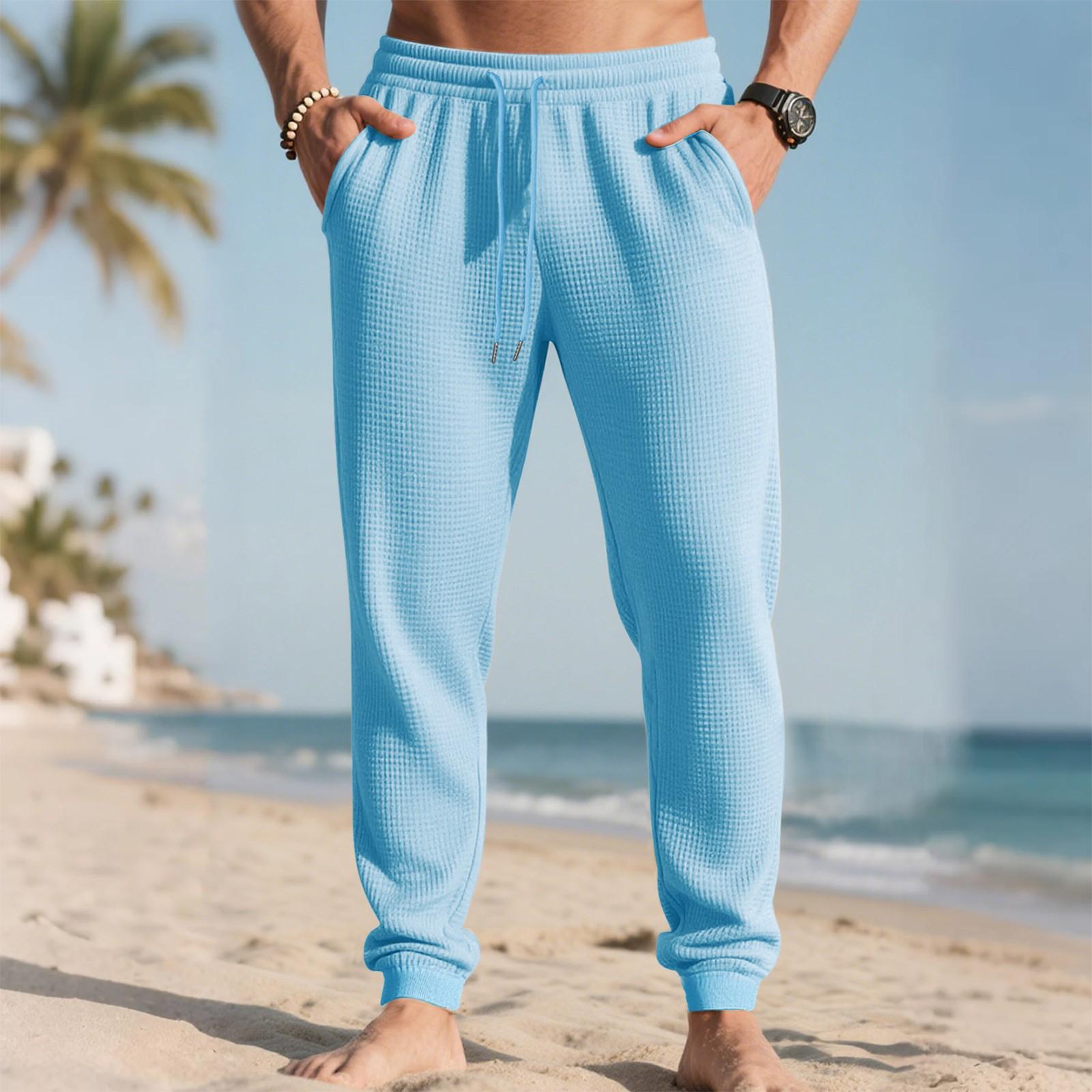 

Мужские длинные брюки, эластичный пояс на кулиске, легкие, облегающего кроя, с карманами, удобные и дышащие льняные длинные брюки M небесно-голубой