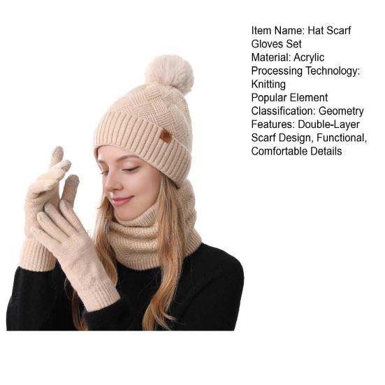 3Pcs/Set Women Hat Scarf Gloves Set Plush Ball Hat Cold Protection Double-Layer Scarf Touchscreen Gloves Set Ski Cycling Gear