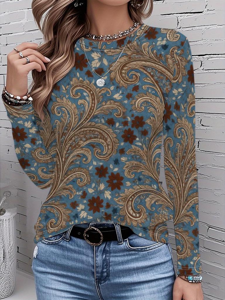 Women's T-Shirts Spring Autumn Bohemian Style Fashion Casual Vintage Pattern Female Long Sleeve T-Shirt Loose Womens Clothing