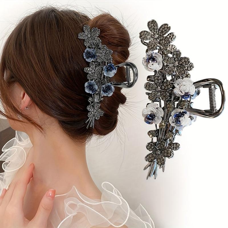 1PCSLarge Vintage Rose Flower Hair Clip with Rhinestones, Elegant and Versatile Fashionable Hair Accessory