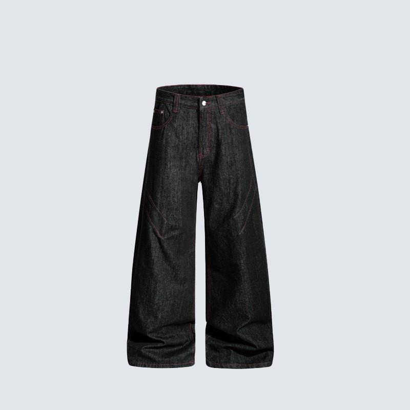 American Retro Raw Black Denim Wide Leg Jeans High Waist Contrast Stitch Straight Pants Teens
