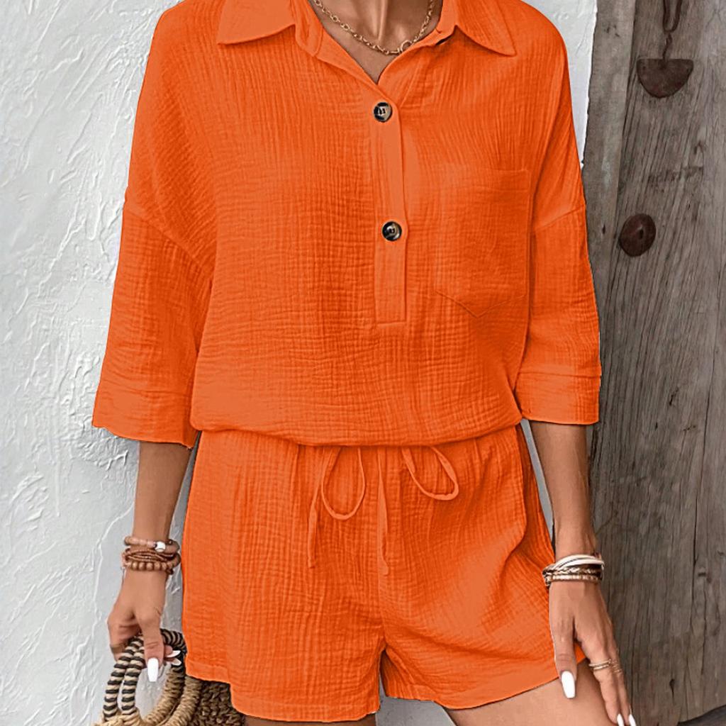 Women's  Color Casual Shirt Collar Casual Two-piece Set