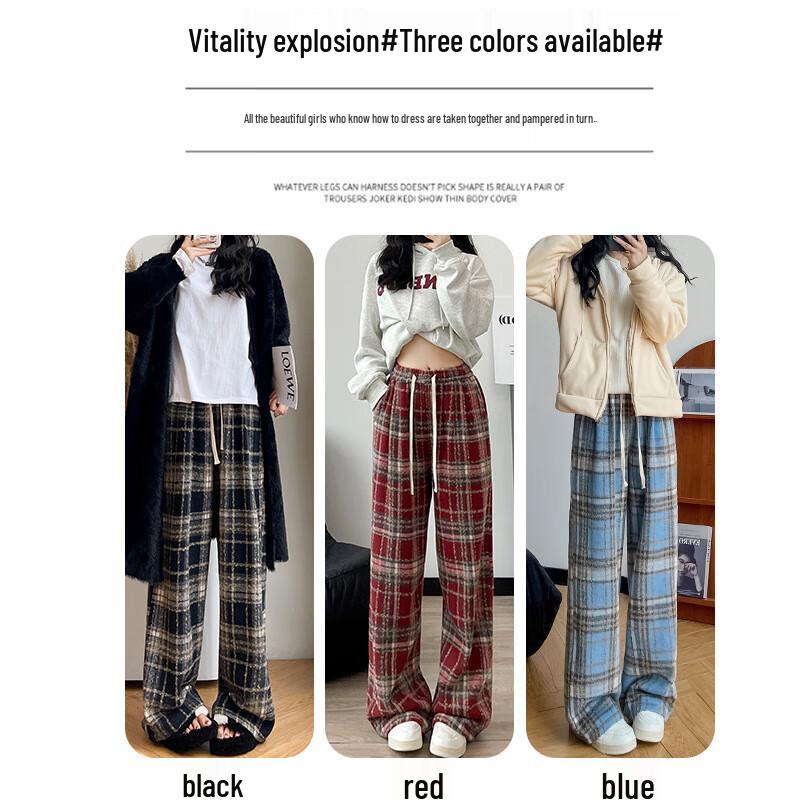 Lansha Women's Winter High-Waist Fleece-Lined Plaid Wide-Leg Pants