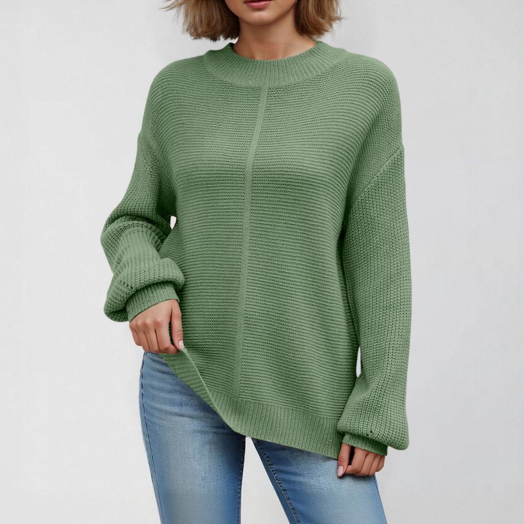 Women's Round Neck Long Sleeve Casual Loose Knit Solid Color Soft Pullover Sweater Top
