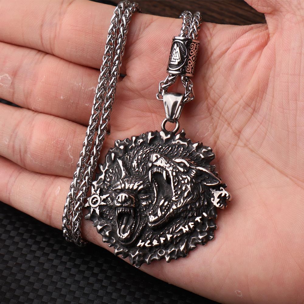 Viking Double Wolf Head Rune Pendant Necklace Hip Hop Long Jewelry Pendant