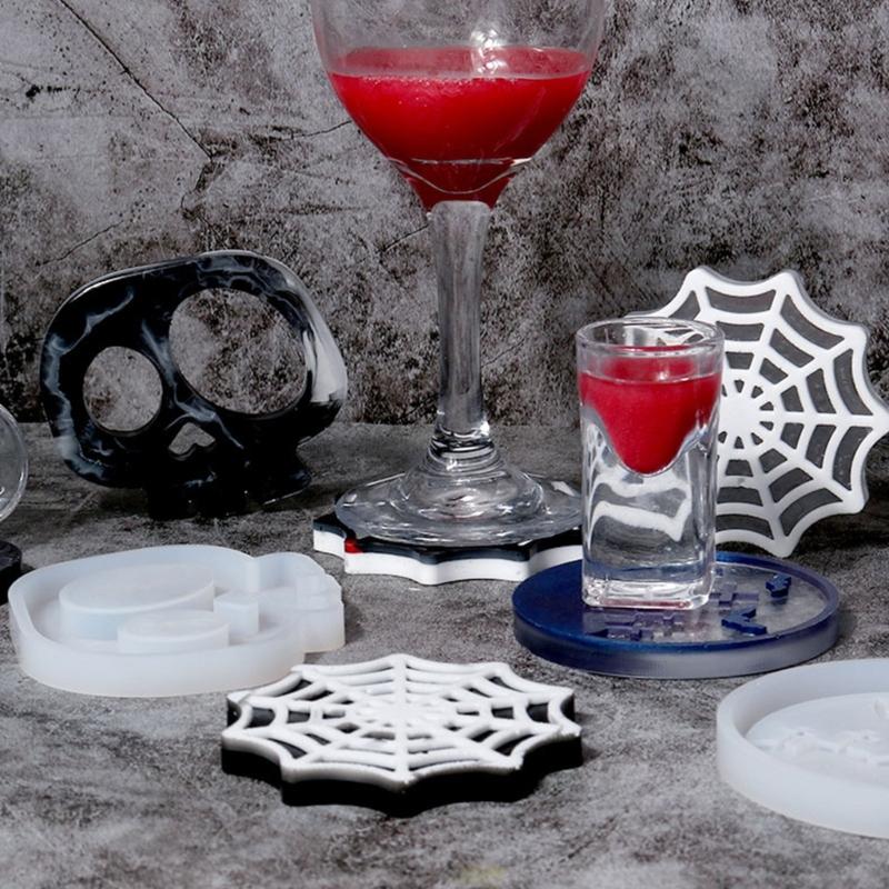 Diy Homemade Mold Coffee Coaster Cobweb Skull Graveyard for Creative Silicone Mold Crystal Placemat Mold for Diy Craft
