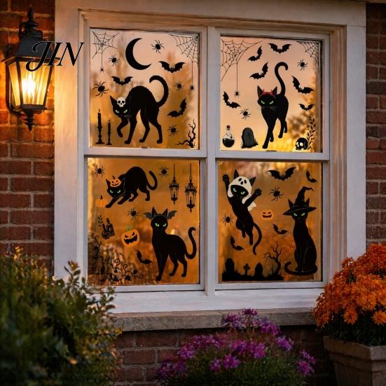 Odnímatelné samolepky s černou kočkou 6 listů/sada Samolepky na okna, Statické nálepky bez lepidla, PVC sklo pro párty Halloween Netopýr Dýně Pavučina