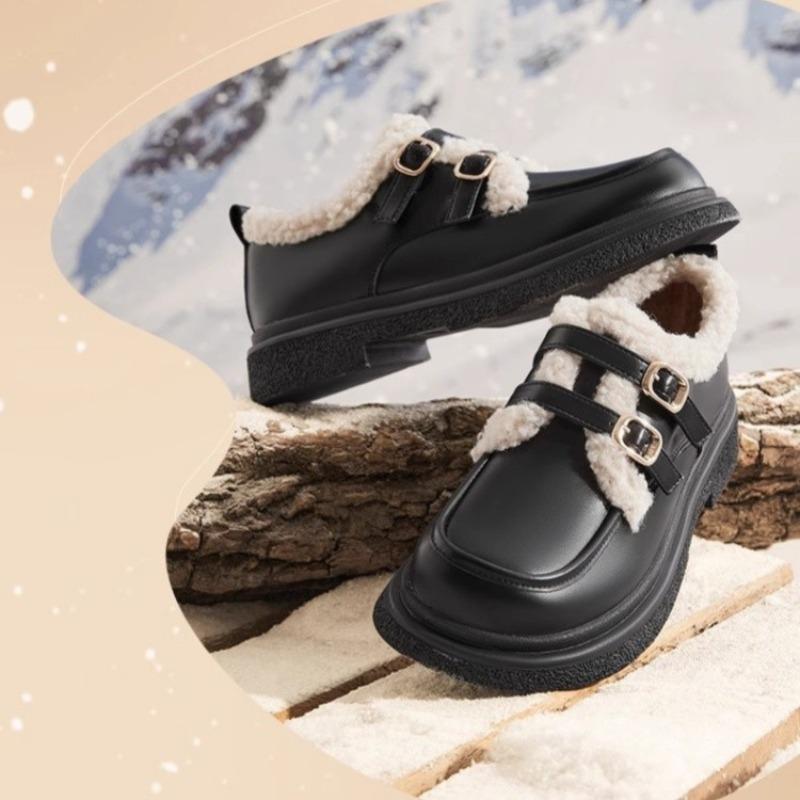 Thick-soled small leather shoes women's autumn and winter new fluffy shoes muffin velvet warm cotton shoes