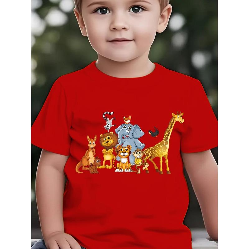 Summer Boys' Fashion Short-Sleeve T-Shirt, Animal Collection Cartoon Pattern Print Outdoor Casual Top