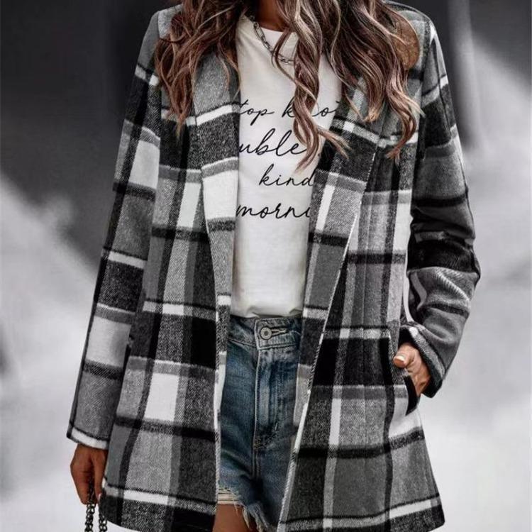 Manteau en Laine à Carreaux Vintage pour Femme Hiver Casual Manches Longues Amples Col Polo Poche Vêtement d'Extérieur
