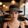 (One Size, Black) Women's Summer Straw Hat Wide Brim Beach Cap Lightweight Sun Hat with Pearl Braided Band